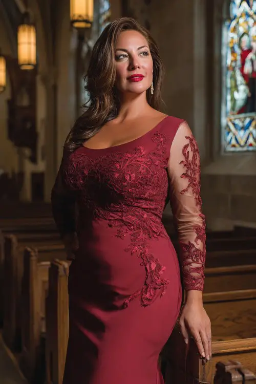 A plus-size woman over 50 wears a bordeaux red gown with lace appliqué and a subtle sheer train, long fitted sleeves, and a bateau neckline