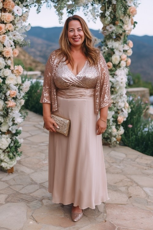 A plus size woman over 50 wears a navy off-shoulder wedding guest dress with a flattering A-line silhouette and ruched waist detail