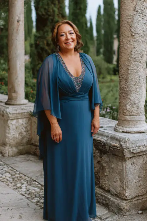 A plus-size woman over 50 wears a floor-length sapphire blue gown with a flowing chiffon cape attached at the shoulders, subtle crystal beading on the neckline
