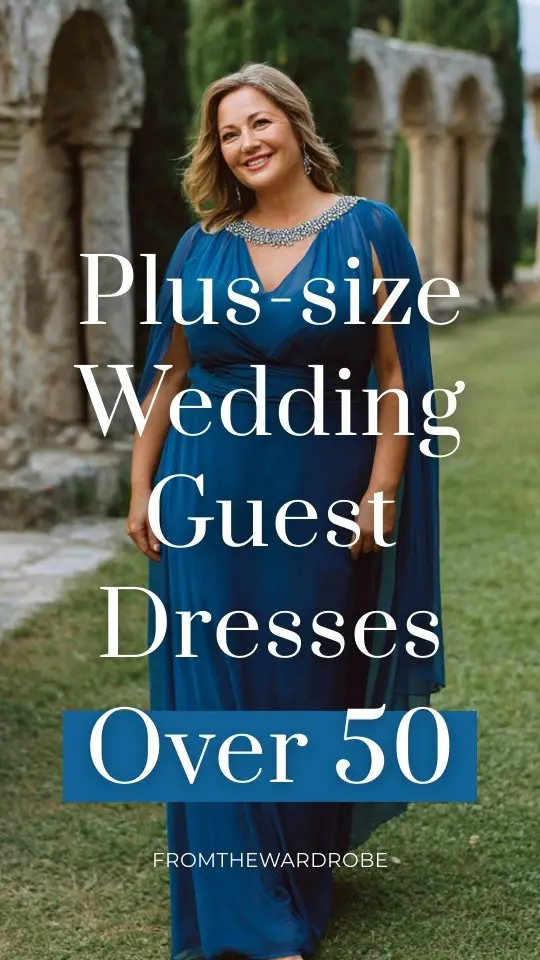 A plus-size woman over 50 wears a floor-length sapphire blue gown with a flowing chiffon cape attached at the shoulders, subtle crystal beading on the neckline, and silver heels