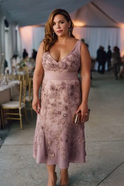 A plus-size woman over 50 wears a mauve tea-length gown with beaded floral appliqué and a flared hem, styled with soft waves, sparkly heels, and a clutch