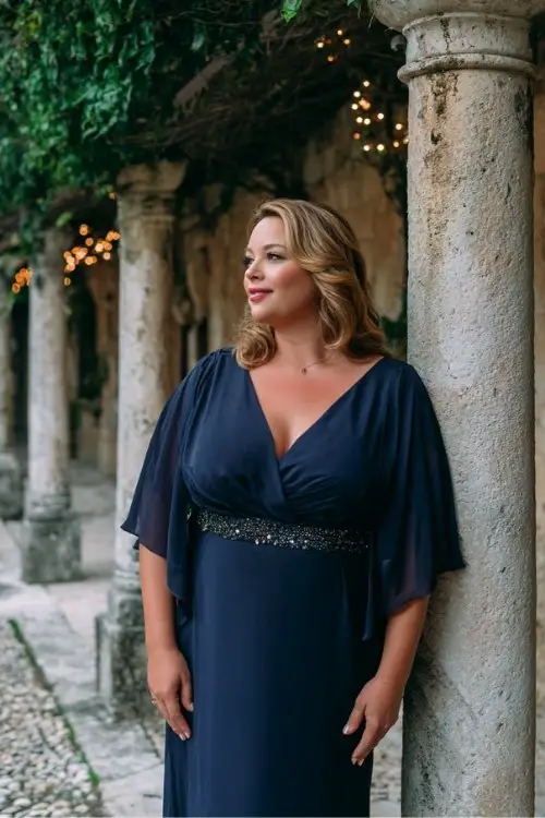 A plus-size woman over 50 wears a navy crepe gown with dramatic cape sleeves, a V-neckline, and a beaded waistband