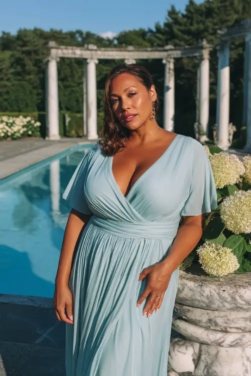 A plus-size woman over 50 wears an ice blue chiffon gown with soft pleats, a V-neck wrap bodice, and sheer flutter sleeves