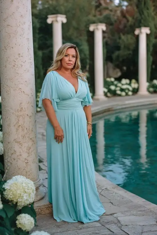 A plus-size woman over 50 wears an ice blue chiffon gown with soft pleats, a V-neck wrap bodice, and sheer flutter sleeves