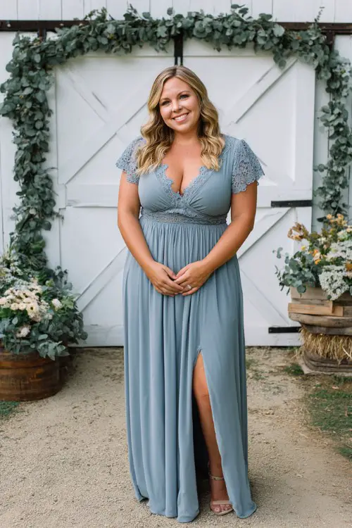 A plus size woman wearing a lace-trimmed dusty blue maxi dress with a smocked bodice and short sleeves