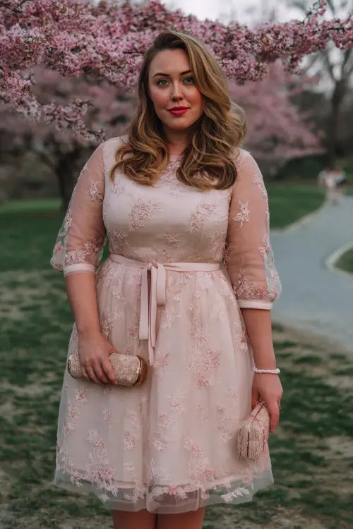 A plus-size woman wears a blush tea-length dress with delicate floral embroidery, illusion sleeves, and a ribbon waist tie