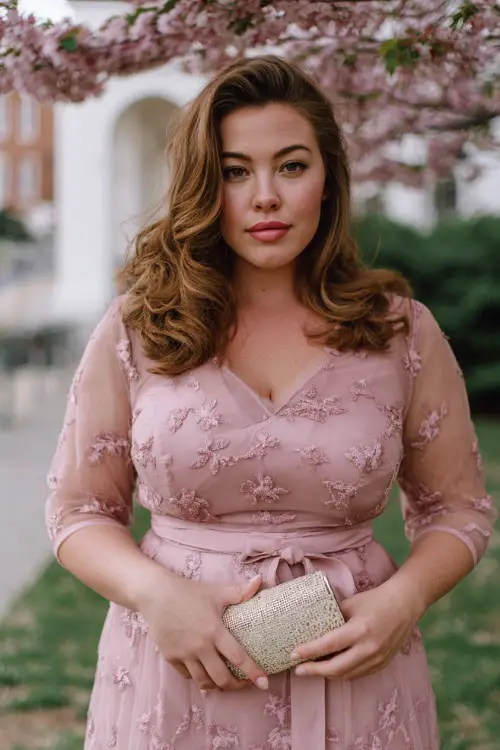 A plus-size woman wears a blush tea-length dress with delicate floral embroidery, illusion sleeves, and a ribbon waist tie