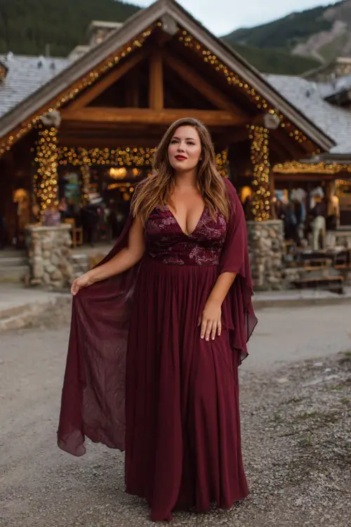 A plus-size woman wears a burgundy A-line gown with an embroidered bodice and chiffon cape flowing in the breeze
