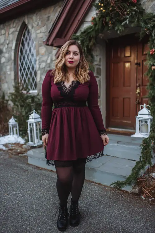 A plus-size woman wears a burgundy long-sleeve A-line dress with lace detailing, black tights, and ankle boots