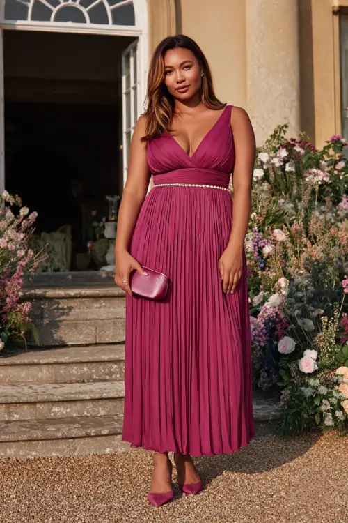 A plus-size woman wears a deep pink A-line gown with a pleated skirt and pearl-beaded waistband, paired with a matching clutch and kitten heels