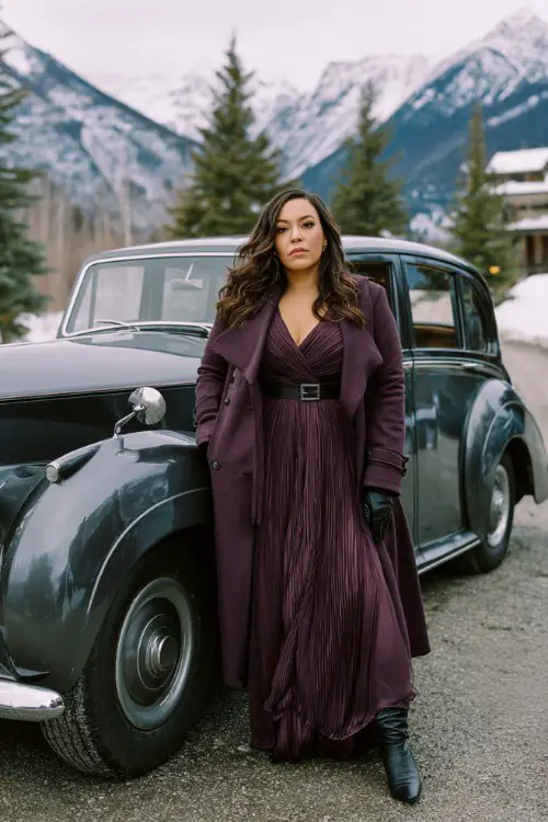 A plus-size woman wears a deep plum maxi dress with pleated fabric and a structured belted coat, paired with boots and elegant gloves