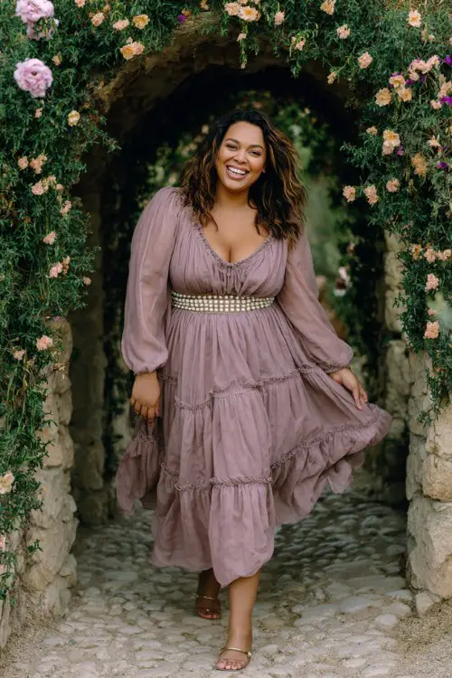 A plus-size woman wears a dusty lavender midi dress with tiered layers, sheer poet sleeves, and a pearl belt detail