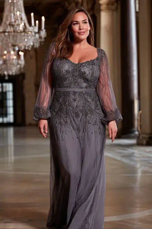 A plus-size woman wears a floor-length graphite gray gown with all-over beading, a cinched waist, and sheer bell sleeves (2)