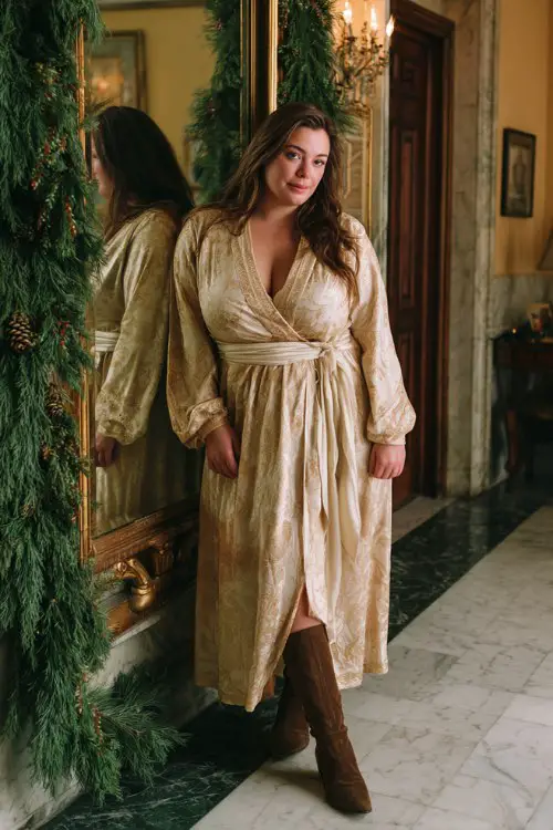 A plus size woman wears a gold brocade wrap gown with long sleeves, a cream tulle shawl, and heeled boots