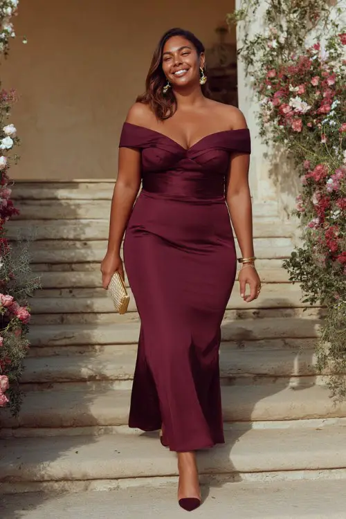A plus-size woman wears a plum-colored gown with a structured off-shoulder neckline and flared skirt, styled with gold jewelry and a matching clutch