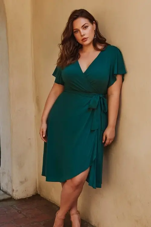 A plus-size woman wears a rich emerald wrap dress with a V-neckline and flutter sleeves, cinched with a delicate belt and paired with healed block pumps