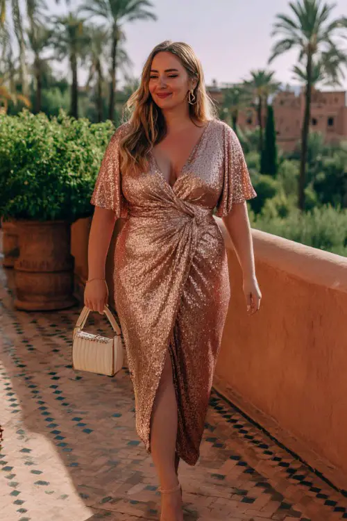 A plus-size woman wears a rose gold wrap-style gown covered in shimmering sequins, V-neckline and flutter sleeves