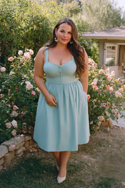 A plus size woman wears a soft blue cotton midi dress with a smocked bodice and tie-up shoulder straps, accessorized with pearl hoops and ballet flats (2)