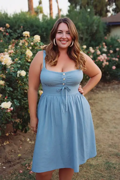 A plus size woman wears a soft blue cotton midi dress with a smocked bodice and tie-up shoulder straps, accessorized with pearl hoops and ballet flats