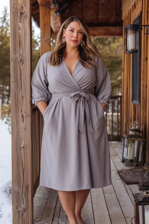 A plus-size woman wears a soft gray belted midi dress with wrap-style front and elegant sleeves, paired with simple gold hoops and low heels
