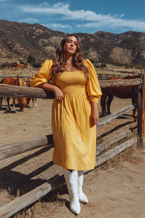 A plus-size woman wears a sunflower yellow midi dress with puff sleeves and white western boots