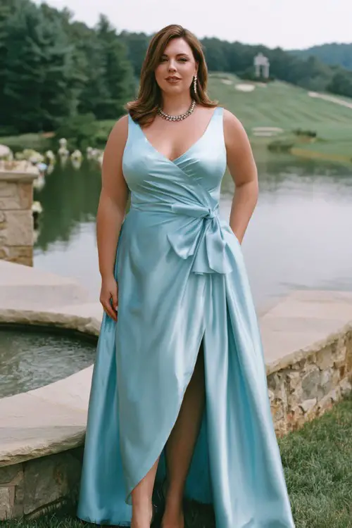A plus-size woman wears an ice blue satin gown with a dramatic side bow detail at the waist and subtle sheen, styled with silver heels