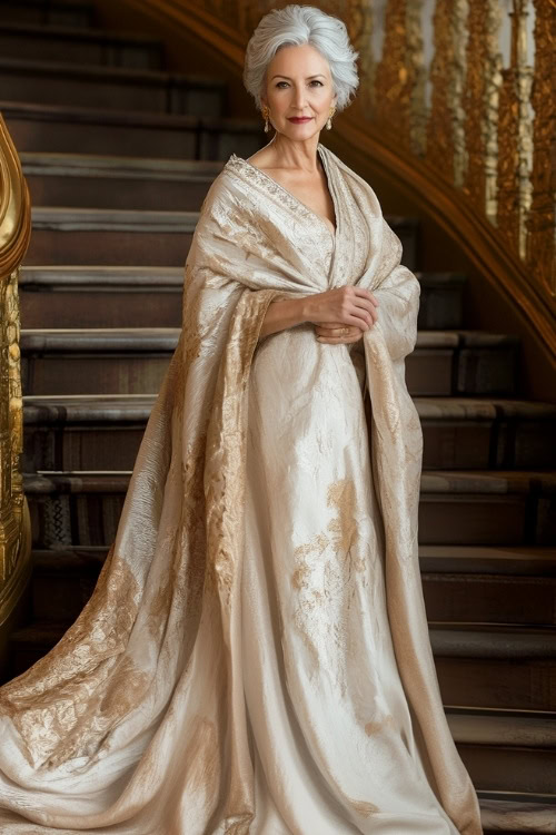 A sophisticated woman over 50 in a champagne-colored formal gown with a matching shawl, posing by a grand staircase