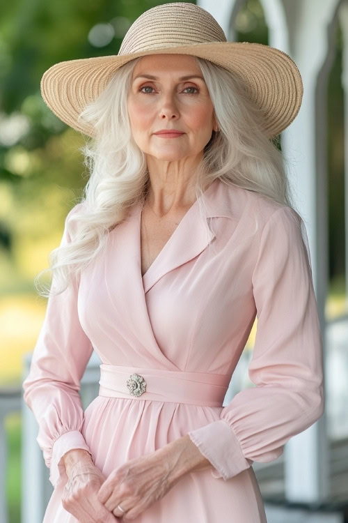 A sophisticated woman over 50 in a pastel pink knee-length dress with a straw hat, posing near a gazebo at an outdoor wedding