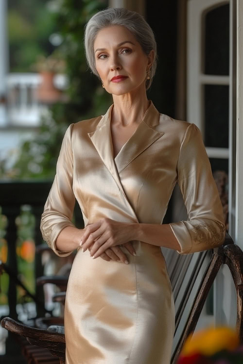 A sophisticated woman over 50 wearing a champagne-colored silk midi dress, standing on a wedding venue terrace (2)