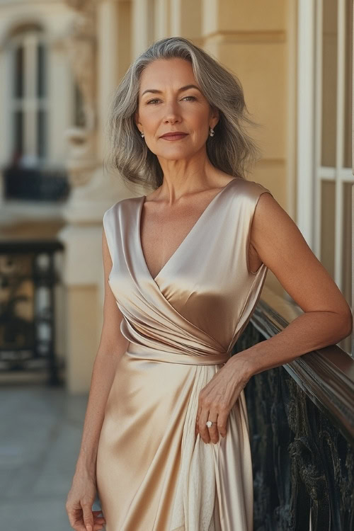 A sophisticated woman over 50 wearing a champagne-colored silk midi dress, standing on a wedding venue terrace