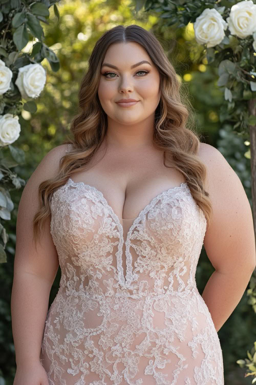 A stylish plus-size woman in a blush pink sheath dress with a sweetheart neckline and lace details