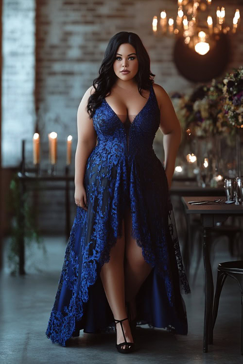 A stylish plus-size woman in a cobalt blue high-low dress with lace detailing