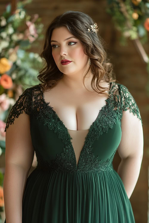 A stylish plus-size woman in a deep emerald green sheath dress with subtle lace detailing