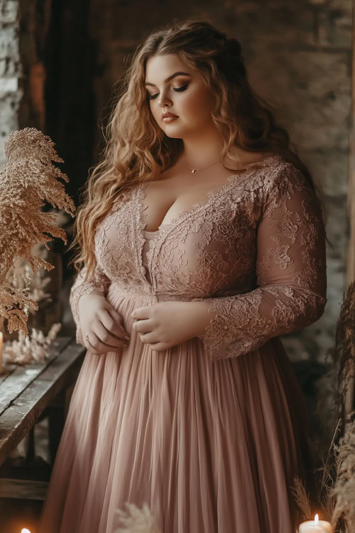 A stylish plus-size woman in a dusty rose tea-length dress with a cinched waist and lace sleeves