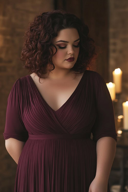 A stylish plus-size woman in a maroon midi wrap dress with pleated detailing