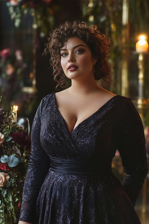 A stylish plus-size woman in a navy high-low dress with a sweetheart neckline