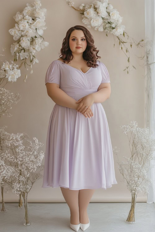 A stylish plus-size woman in a pastel lavender midi dress with short sleeves