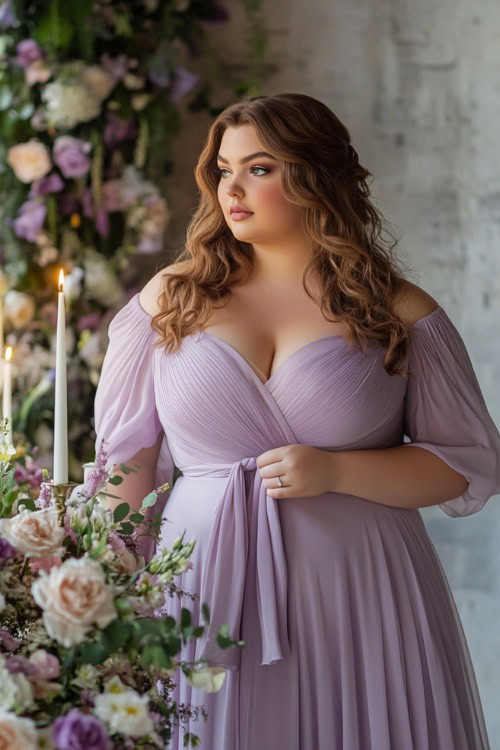 A stylish plus-size woman in a pastel lavender tea-length dress with a tie waist and flutter sleeves