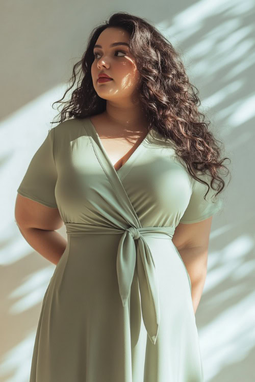 A stylish plus-size woman in a sage green knee-length A-line dress with a tie-waist detail