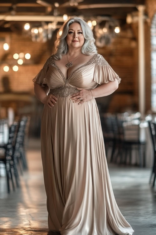 A stylish plus-size woman over 50 in a champagne-colored maxi dress with flutter sleeves, standing in a wedding reception venue