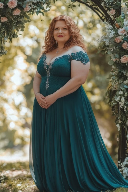 A stylish plus-size woman over 50 in a teal maxi dress with an empire waist, posing near a floral wedding arch