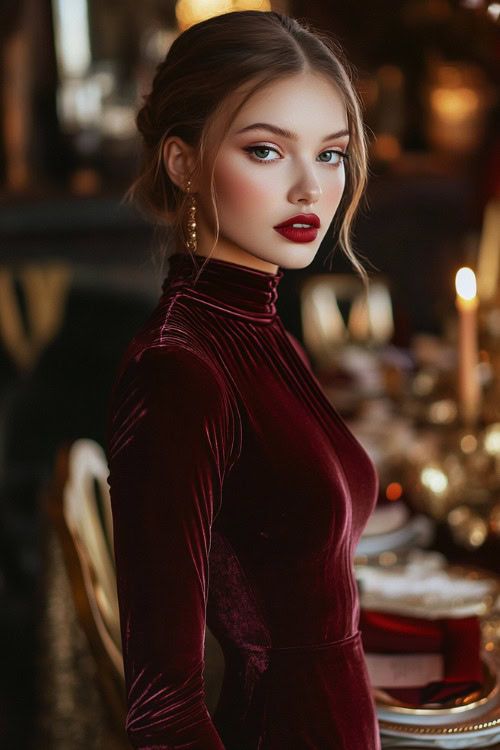 A stylish woman in a burgundy long-sleeve velvet dress with a high neckline