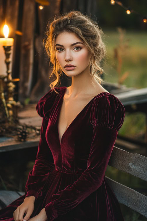 A stylish woman in a burgundy velvet A-line dress with puffed sleeves