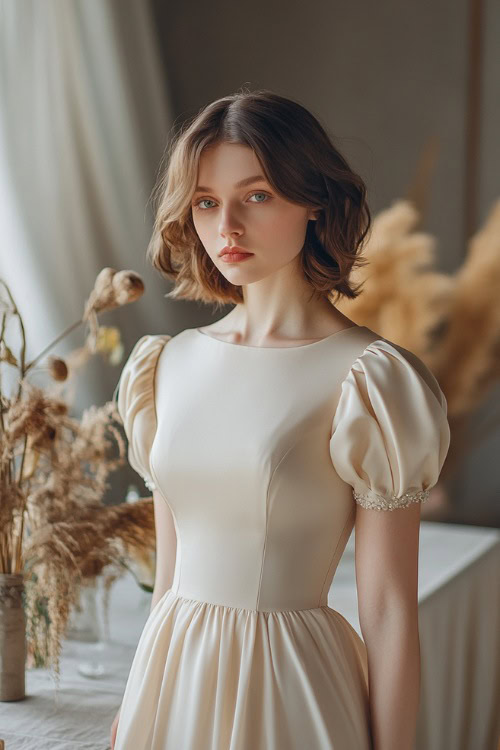 A stylish woman in a champagne-colored tea-length dress with short puff sleeves and subtle beading