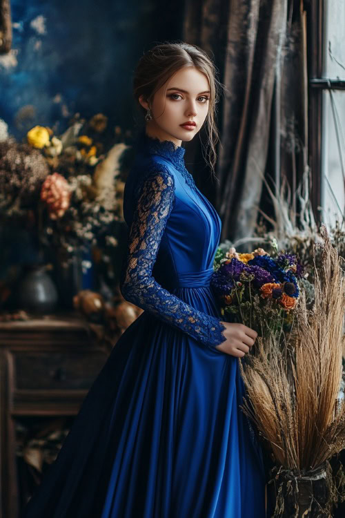 A stylish woman in a cobalt blue floor-length gown with a cinched waist and lace sleeves