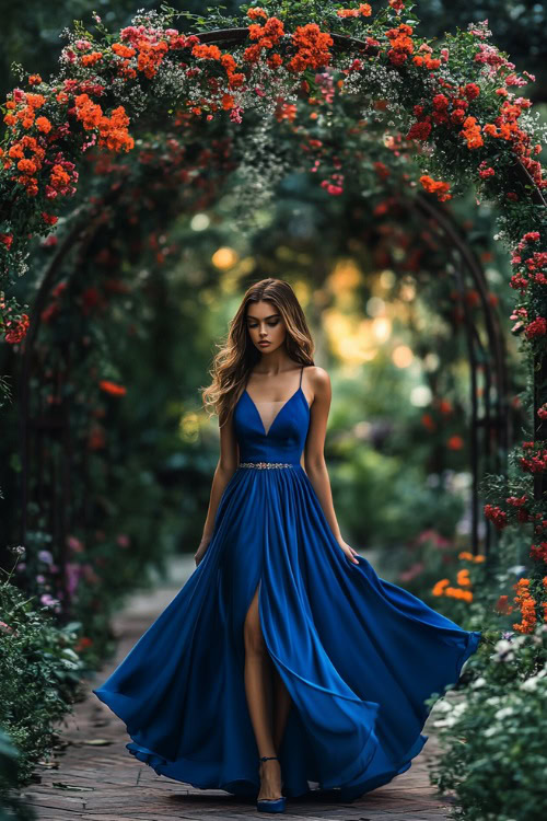 A stylish woman in a cobalt blue high-low dress with a halter neckline and subtle floral details, standing near a brightly lit outdoor wedding arch