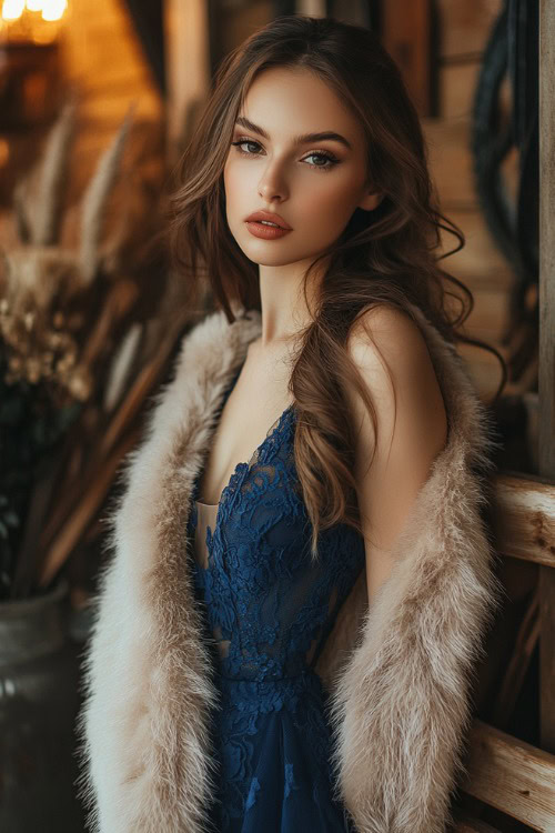 A stylish woman in a cobalt blue midi dress styled with a beige faux fur jacket