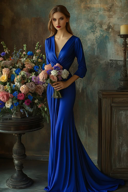 A stylish woman in a cobalt blue wrap dress with a tulip hem and high neckline, standing near a softly lit floral wedding centerpiece