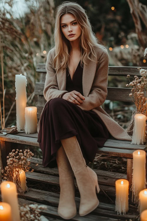 A stylish woman in a dark plum knee-length dress styled with beige suede boots and a tailored wool coat