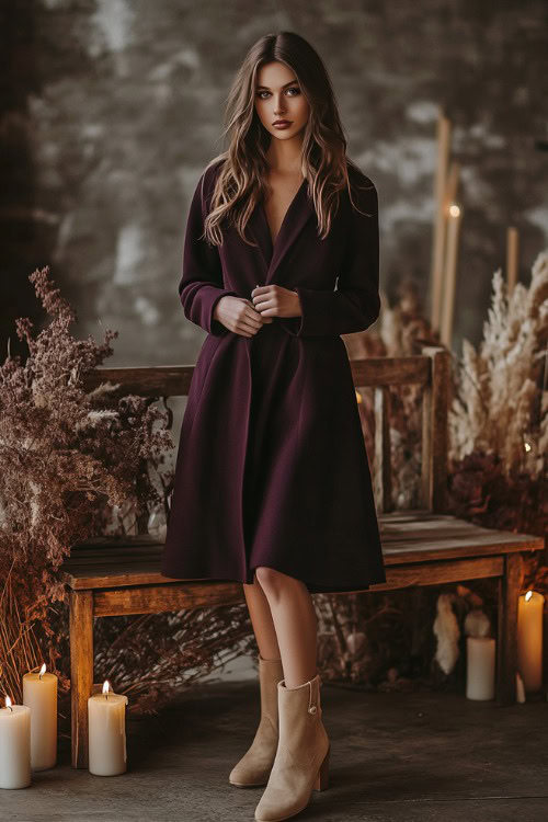 A stylish woman in a dark plum knee-length dress styled with beige suede boots and a tailored wool coat